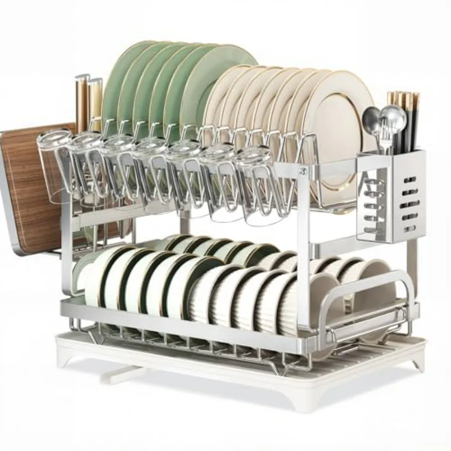 

Двухуровневая сушилка для посуды из нержавеющей стали, большая, для кухонной столешницы, со съемной полкой-поддоном для тарелок