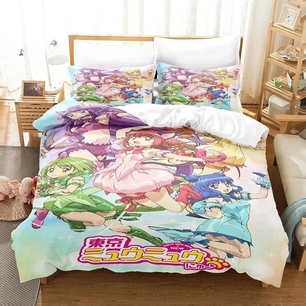 3D Print Anime Kawaii Girls Tokyo Mew Mew Bedding Set Single Twin Full Queen King Size Bed Set Adult Kid Bedroom Duvetcover Sets