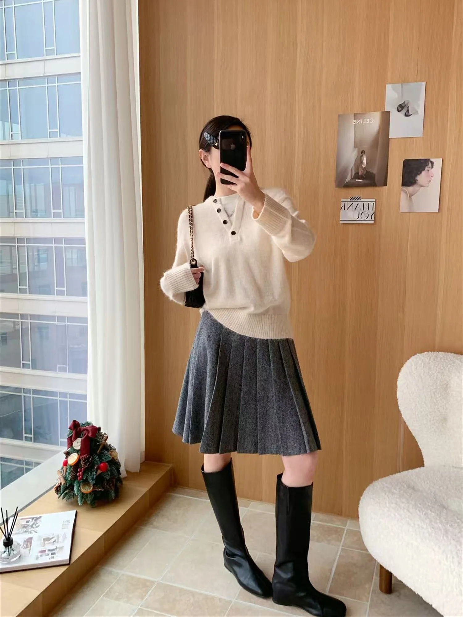 

Early Spring Flipped26 Camere Wool Knitted Sweater Fake awl Collar Two-Piece Set Casual Loose Sle Long Sve Knitwear