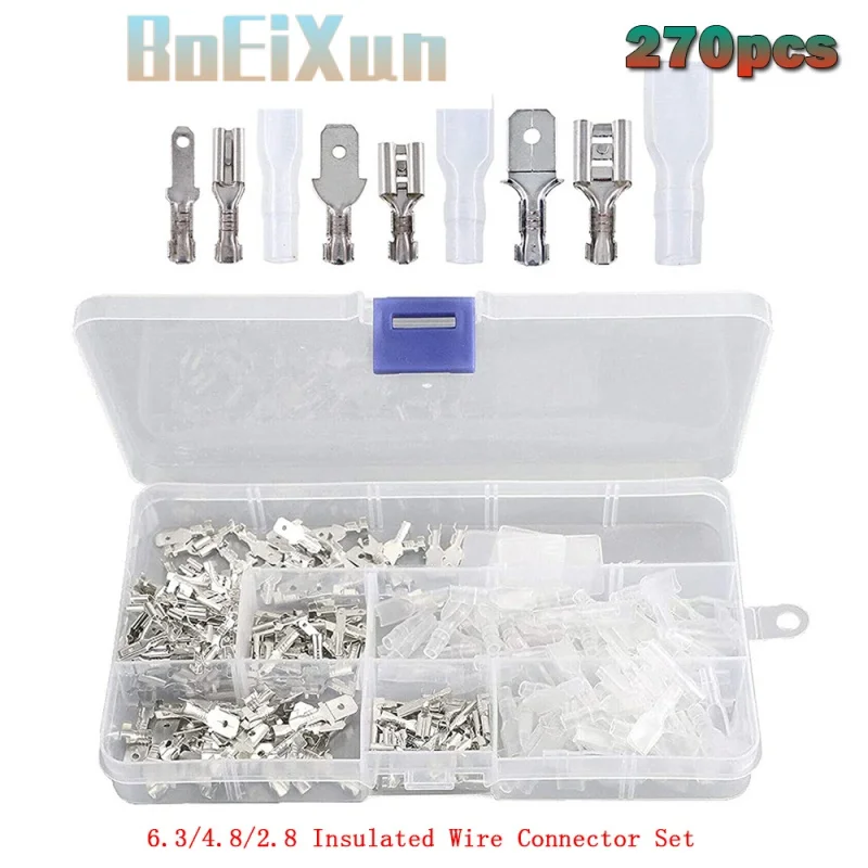 270 Pcs 6.3/4.8/2.8 Insulated Wire Connector Set Electrical Wire Terminal Crimp Spade Female Socket Connectors Assortment Kit