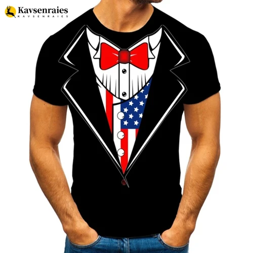 Imagen 2 del producto Camiseta con pajarita en 3D para hombre, traje de esmoquin con lazo Retro, camiseta estampada, pantalón corto informal de verano, ropa de calle de manga, traje falso divertido, Tops