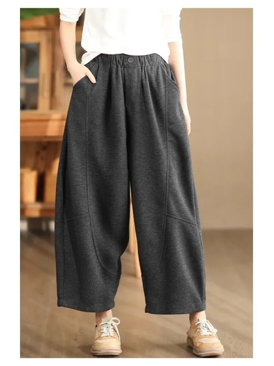 

Женские осенне-зимние утепленные свободные брюки прямого кроя, драпированные шерстяные брюки-морковки, корейские вельветовые брюки с завышенной талией