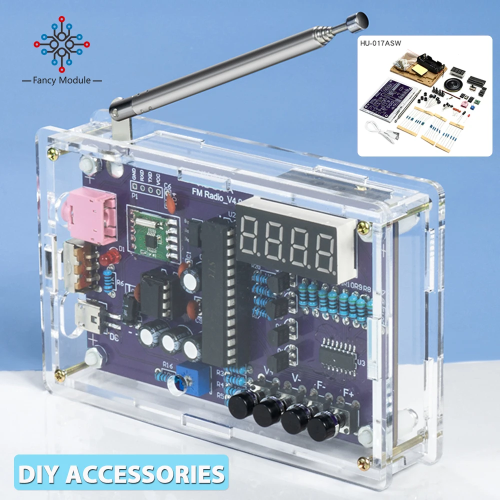 Rádio receptor Kits Módulo, FM eletrônica, DIY Circuitos Peças, Display Tubo Digital, Dual Power Supply, HU-017A, RDA5807S, 87-108MHz