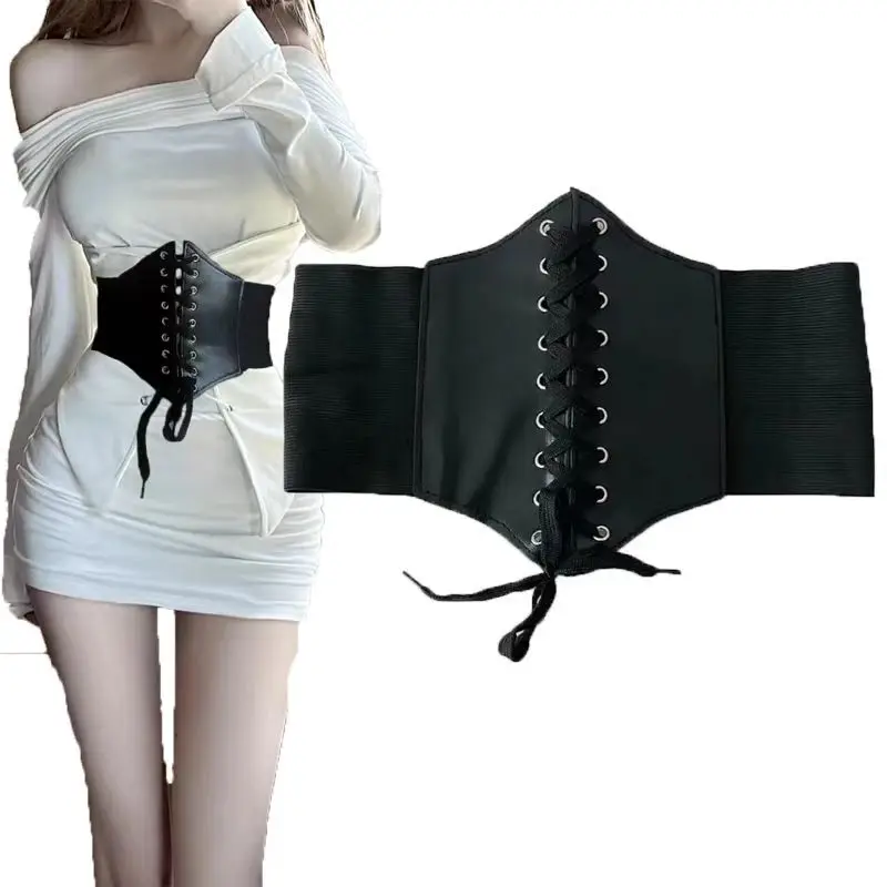 Cintura in pelle scamosciata stile gotico scuro retrò giapponese da donna, cravatta in vita larga, elastico in vita che dimagrisce con gonna esterna