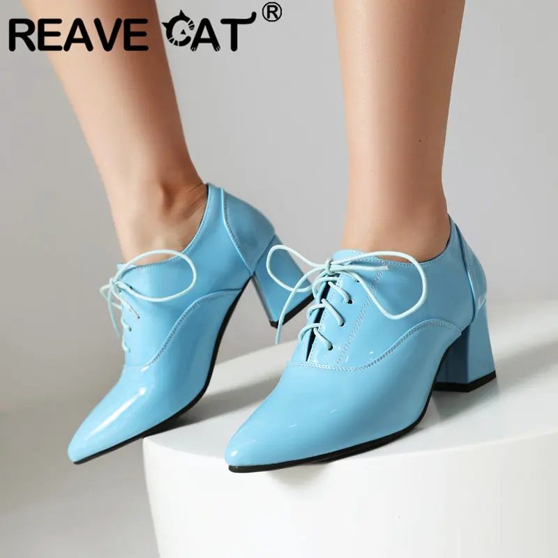 REAVE CAT Design Women Pumps Pointed Toe Block Heels 6cm Lace Up Big Size 41 42 43 Office Lady Elegant Female Daily Single Shoes