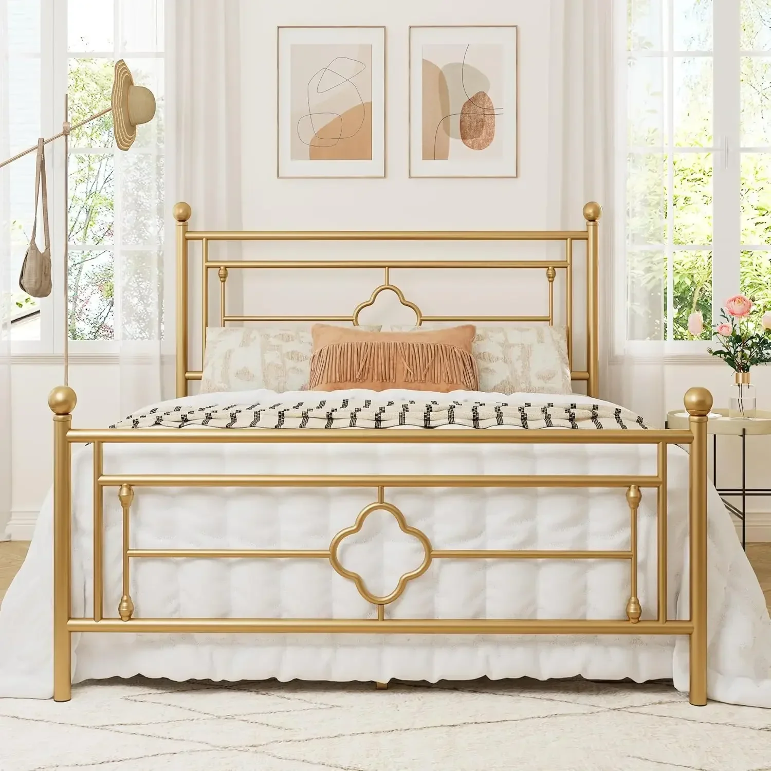 Queen Size Metal Platform Bed Frame with Victorian Vintage Headboard and Footboard/Mattress Foundation/Under Bed Storage/No Box