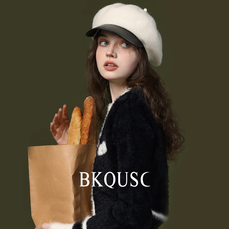British Vintage Women\'s Beret Caps Winter Warm Solid Color Retro Leather Woolen Painter Hat Unisex Stylish Lady Cashmere Beret