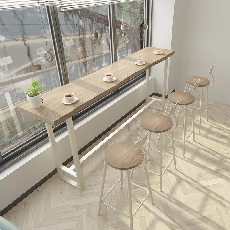 Solid wood bar table for home use, balcony window long narrow table, milk tea coffee shop high table and chair combination