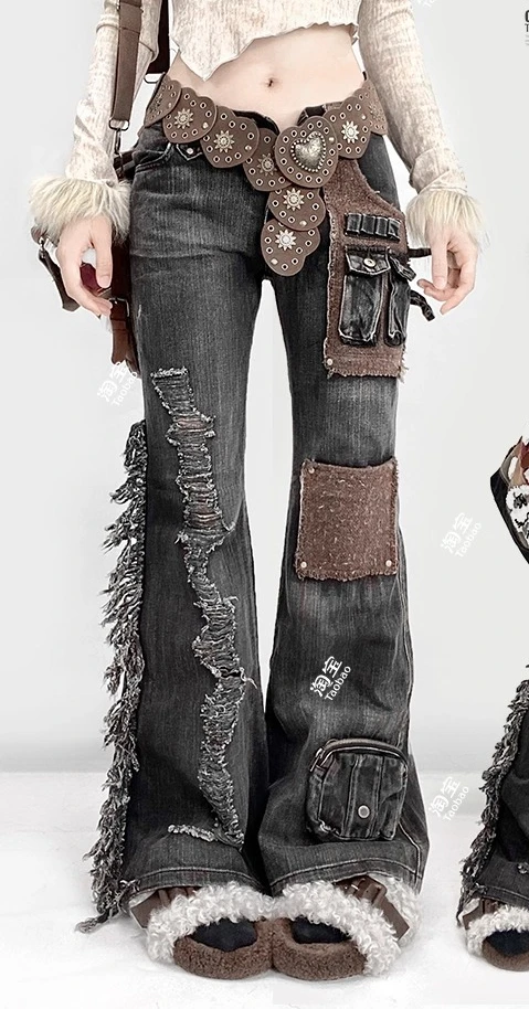 Pantalones vaqueros acampanados con múltiples bolsillos para niñas, sexys, de tiro bajo americano, industria pesada, pantalones de pierna recta rasgados versátiles a la moda para primavera y otoño