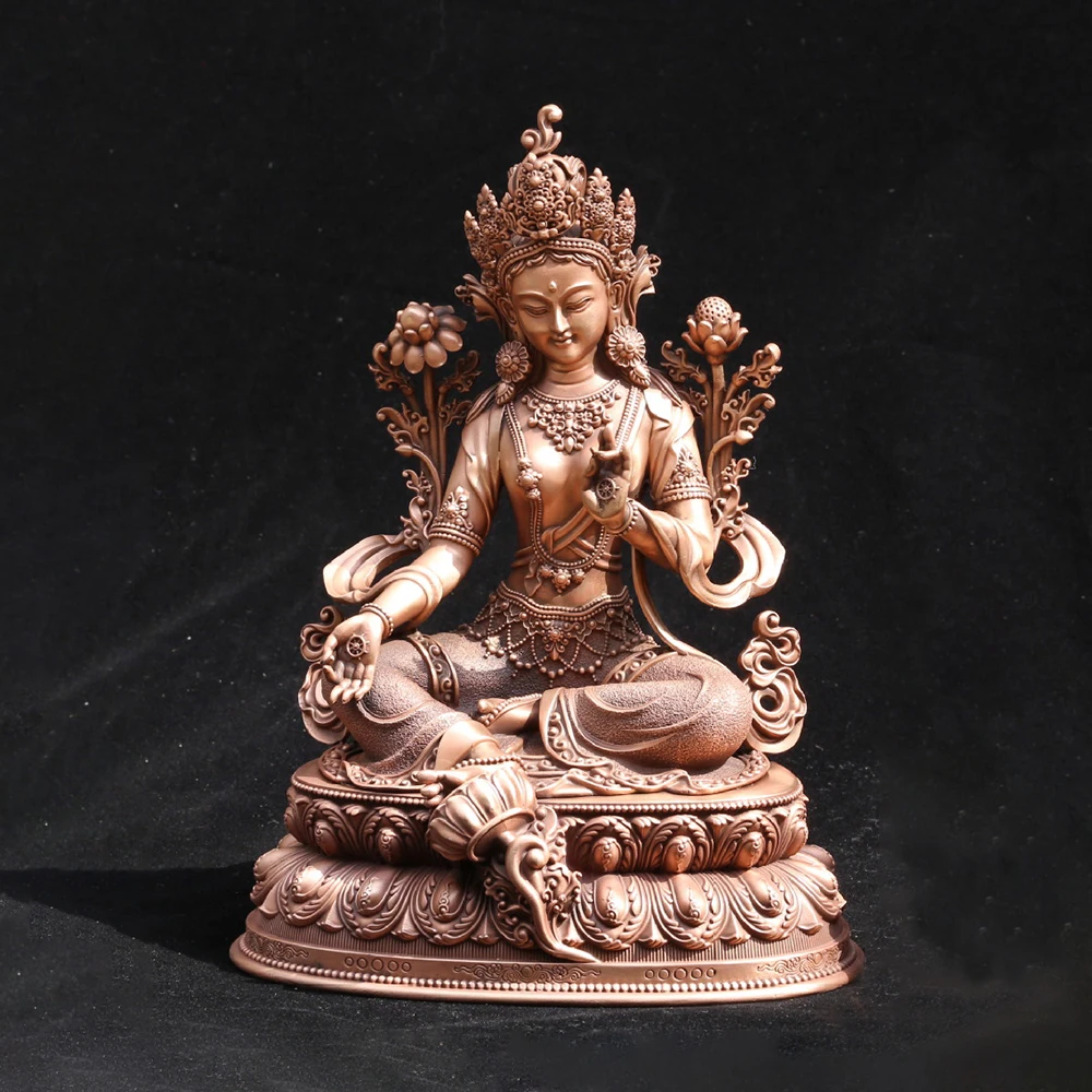 Pure Copper Green Tara Buddha Statue, Retro Mini Figure of Buddha, Tibetan Handicrafts Offering Small Ornaments, Height 10cm