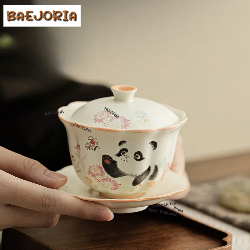 BAEJORIA 171ml Cream Ding Kiln Panda Playing Butterfly Gaiwan Retro Tea Tureen Tea Bowl With Lid Kit Tea Making Cover Bowl Tea