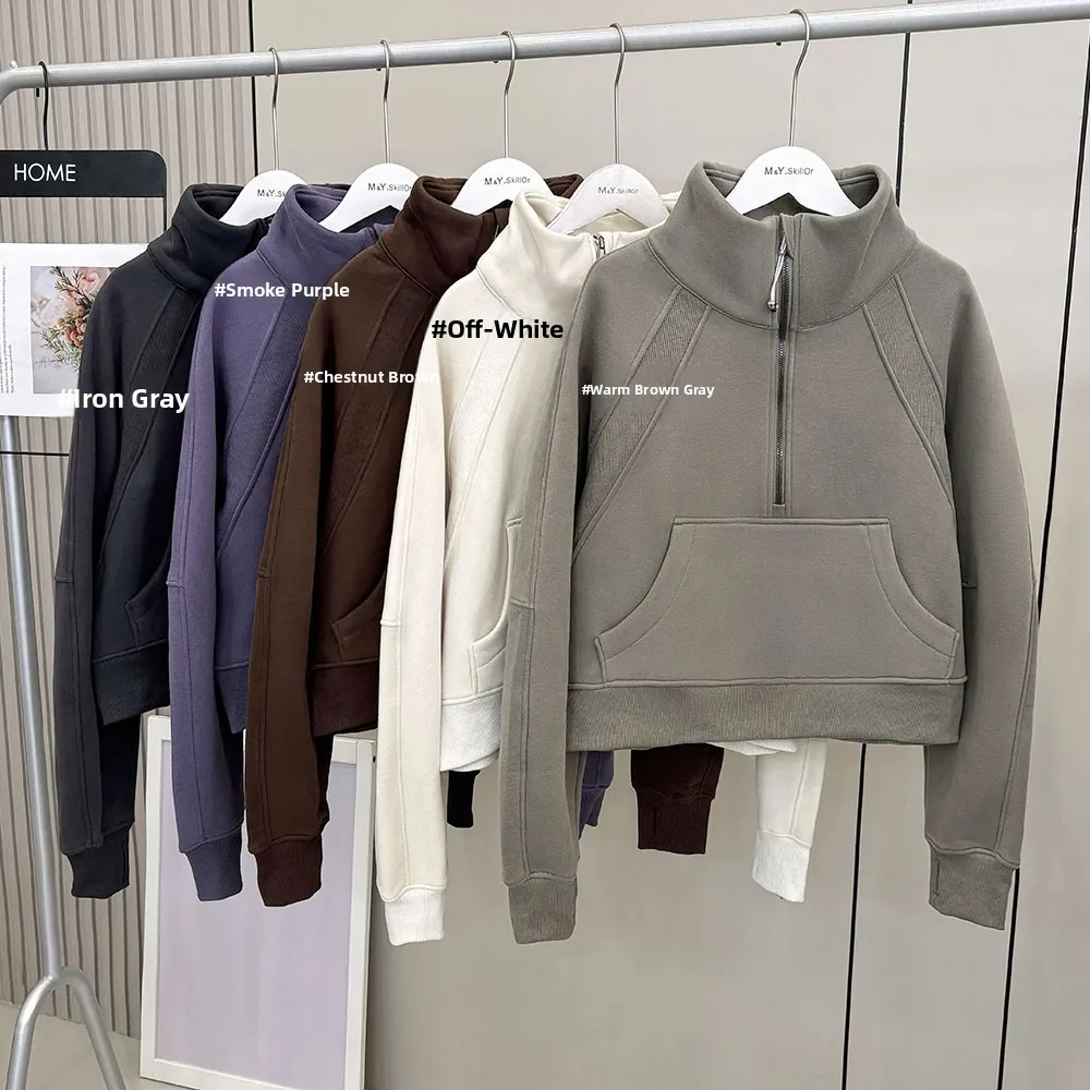Women's Fleece Lined Hoodie 980 Sports Yoga Loose Fit Short Style Half Zipper Slimming Effect Casual Commute Fashion