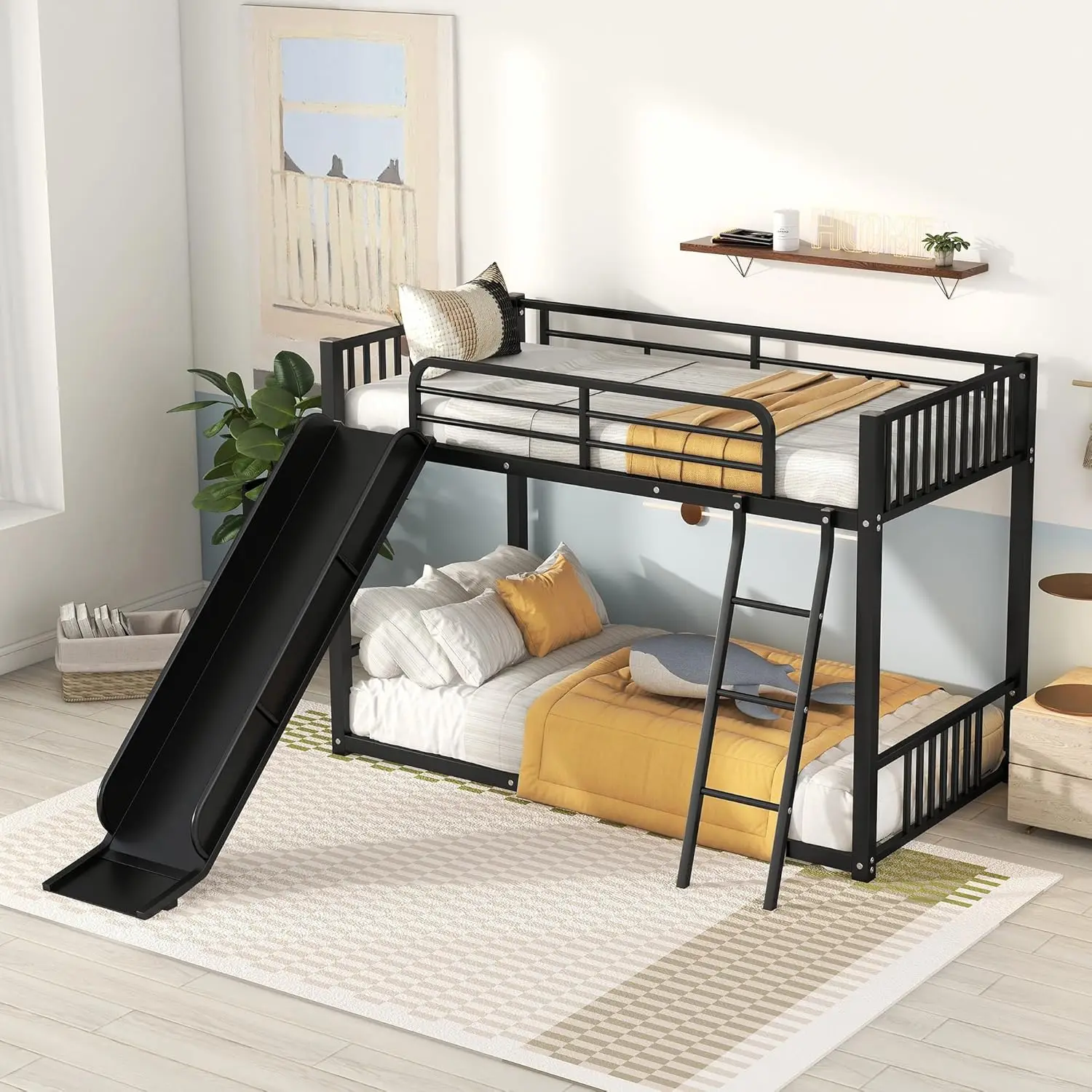 Beliches de metal baixo com corrediça de escada, cama com corrimão em forma de cerca para quarto, Twin Over and Twin Size, bedframe de madeira baixa, meninos e meninas