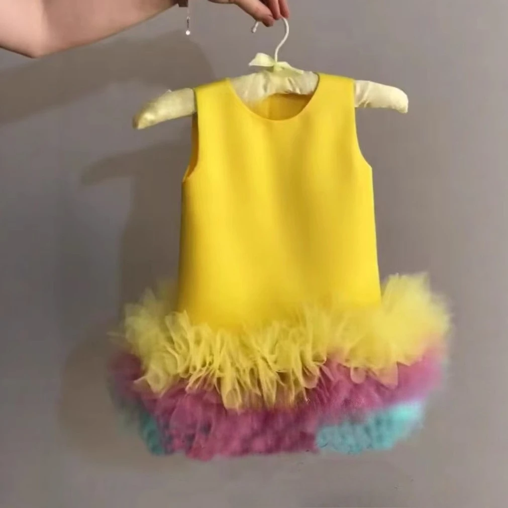 Yellow Christmas  Child Toodler Baby Cap Sleeve Star Metal Decoration Flower Girl Dress Wedding Birthday Holiday Party Prom