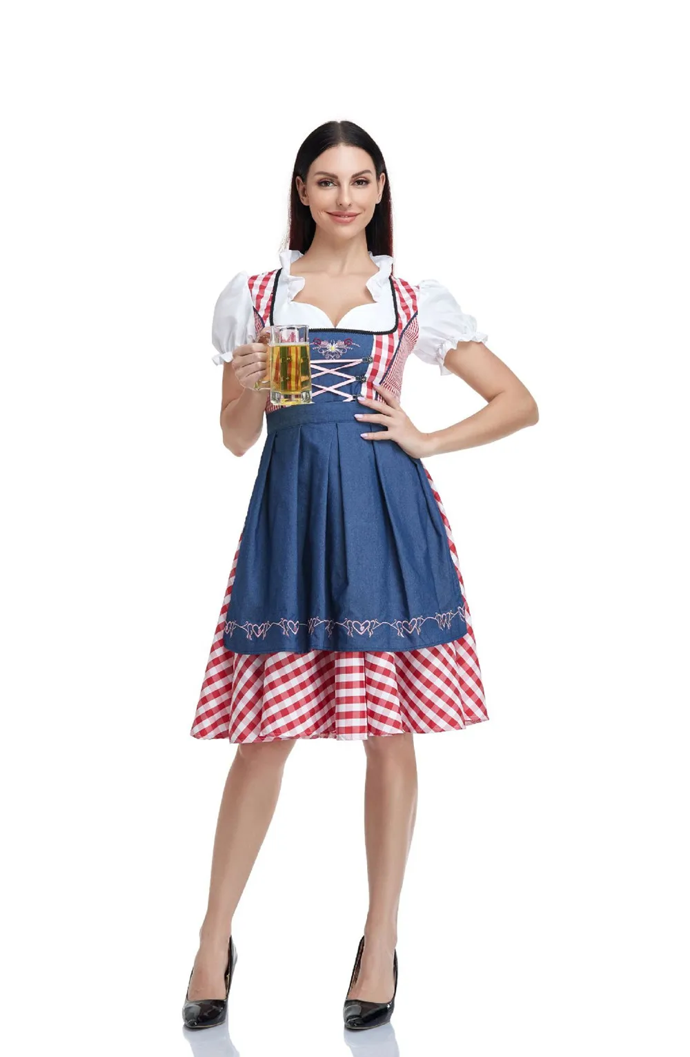 หญิงแบบดั้งเดิม Bavarian Oktoberfest ชุดเบียร์เยอรมัน Wench เครื่องแต่งกายผู้ใหญ่ลายสก๊อต Oktoberfest Dirndl ชุดผ้ากันเปื้อน