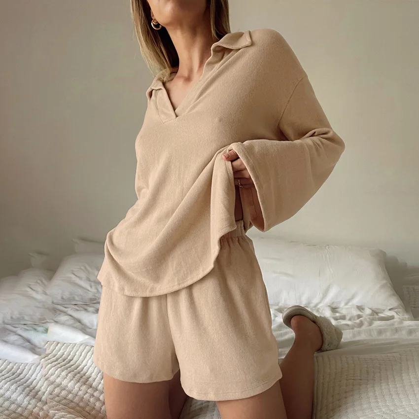 2023 Autumn New Pajamas Sets for Women Solid Lapel Long-sleeve Tops+Shorts 2Pcs Suit Cotton Comfortable Home Female Sleepwear