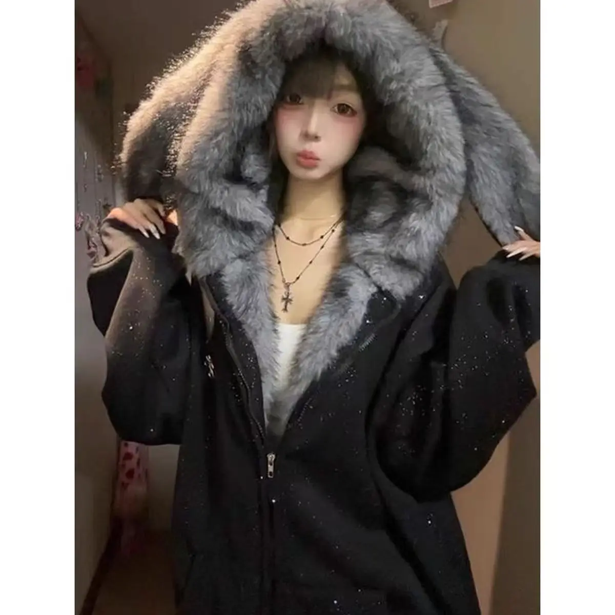 American Retro Starry Sky Bunny Ear Hoodie - Winter Thick Fleece Designer Niche Cardigan for Women