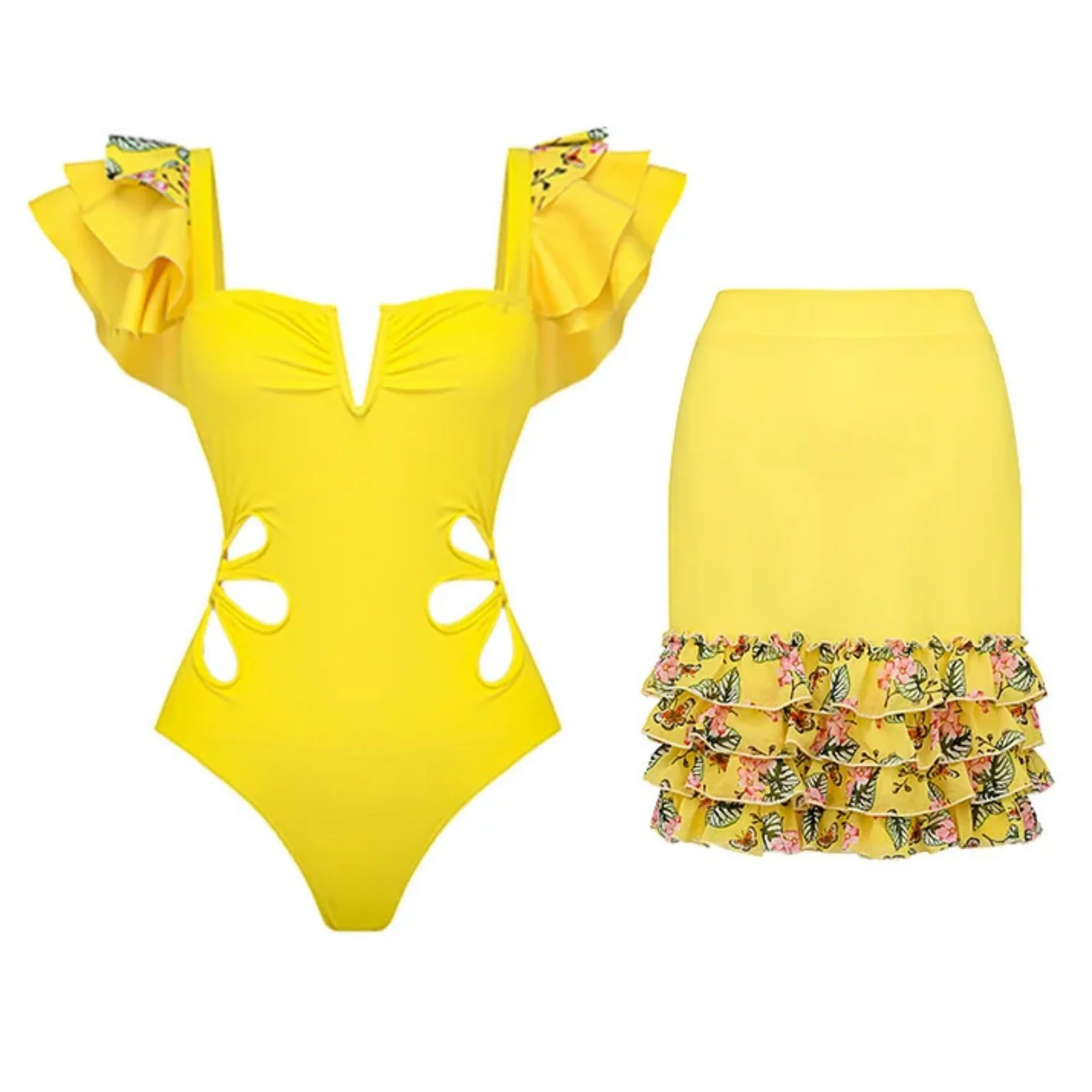 

Yellow Floral 2024 One Piece Swimsuit Women Swimwear Ruffle Beachwear DressBathing Suit V Neck Monokini Swimming Suit Bikini Set