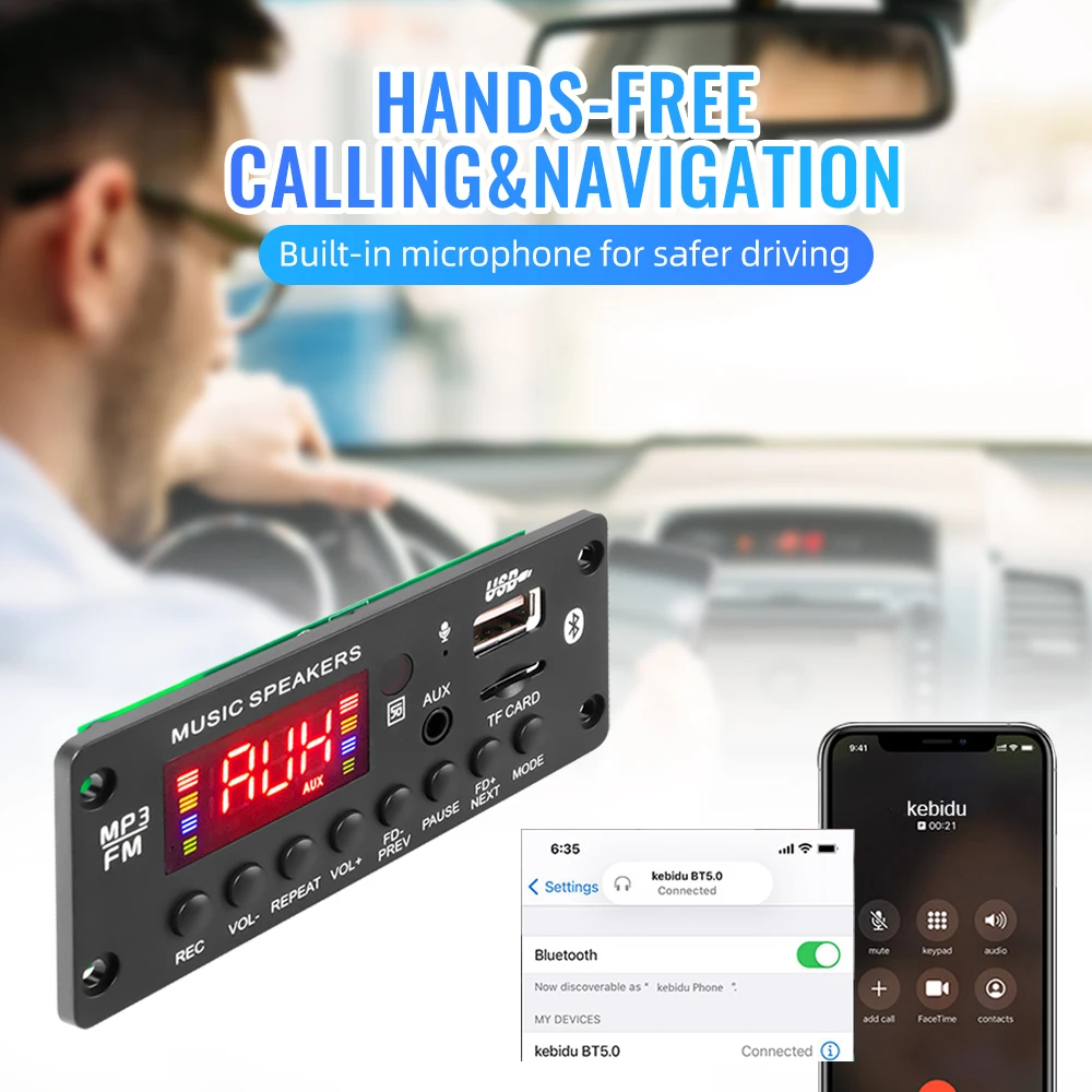 Усилитель постоянного тока 12 В 50 Вт Bluetooth 5,0, декодер, аудио MP3-плеер, FM-радио, TF USB 3,5 мм, модуль AUX, Bluetooth-приемник, автомобильный комплект