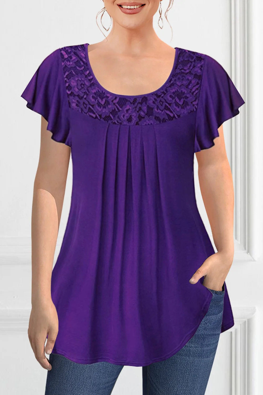 

Plus Size Women'S Casual Shirt Summer Purple Round Neck Lace Stitching Pleated Ruffle Sleeve Blouse