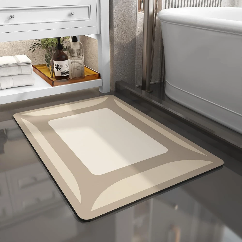Grey Geometric Frame Printed Bath Mat Quick Dry Shower Rug Minimal Abstract Graphic For Restroom Drying Foot Pad