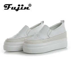 Fujin Genuine Leather Cow 7cm Platform Wedge Women Shoes Chunky Sneakers Slip on Hidden Heel Waterproof Women Vulcanized Shoes