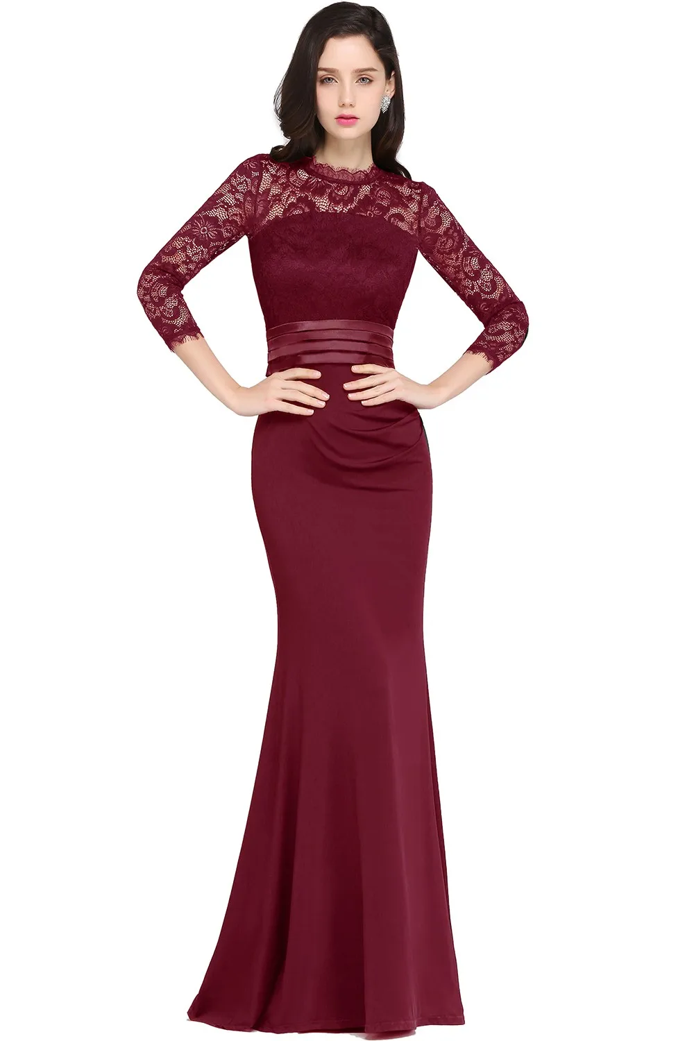 Elegant Long Sleeve Mermaid Evening Dresses Lace Scoop Neck Burgundy Red With Sashes Formal Party Prom Gowns Vestido De Fiesta