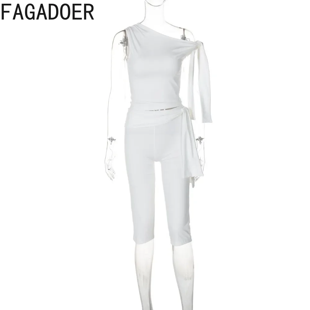 FAGADOER White Shorts 2 Piece Sets Women Outfit Fashion Off Shoulder Bandage Patchwork And High Waist Shorts Suits Streetwear