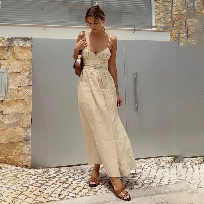 

Linad Casual Khaki Spaghetti Strap Dress Street Chic High Waist Long Dresses Female 2025 Summer Sexy Cotton Backless Dress Woman