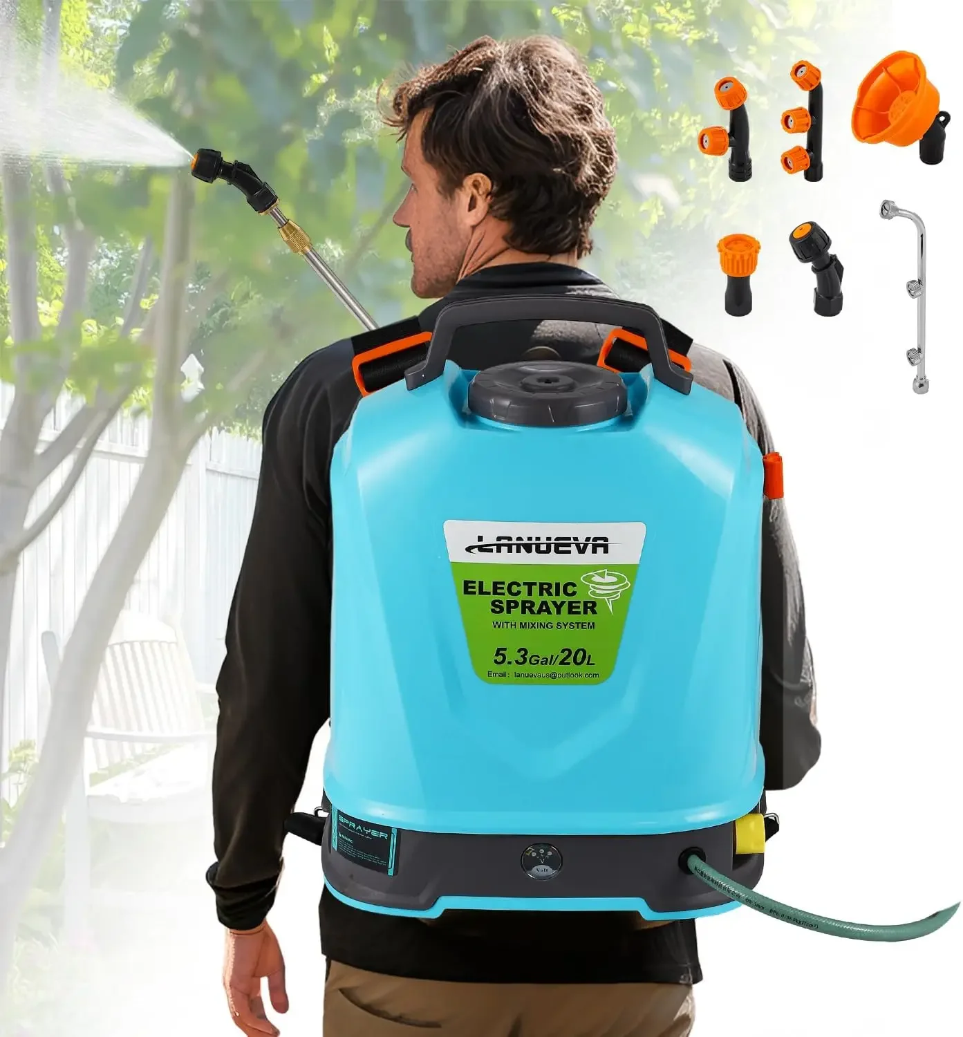 

Аккумуляторный опрыскиватель 20 л с системой смешивания, регулируемый электрический ранцевый опрыскиватель, шесть распылительных насадок, телескопическая штанга, для борьбы с сорняками