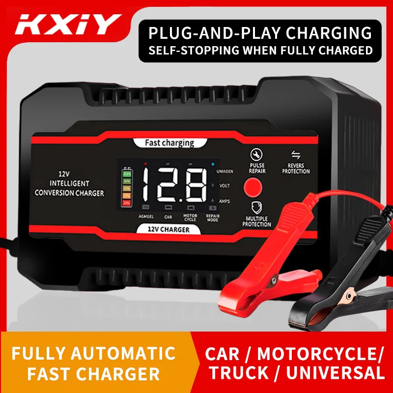 KXIY 12V 6A Battery Charger Smart Fast Charging for Car Batteries 7-Stage Charge Pulse Repair for AGM GEL WET Lead Acid