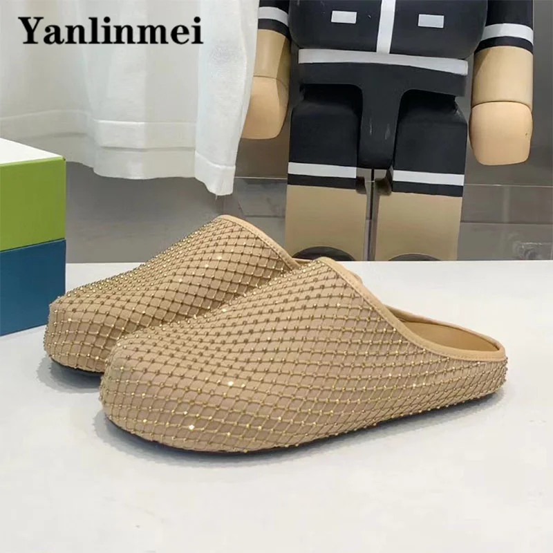 

Luxury Crystal Slippers For Women Round Toe Flat Slides Summer Shoes Outdoors Casual Mules Female Thick Sole Half Slippers Woman