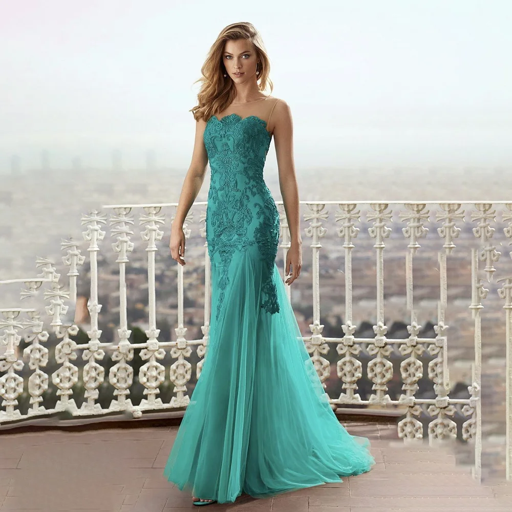 ชุดเดรสงานแต่งงานแบบเมอร์เมดสั่งตัดพิเศษ ชุดราตรีแบบไม่มีสาย ชุดเดรสลูกไม้พิมพ์ลายผ้าทูลล์เนื้อนุ่ม ชุดราตรียาวกรอมพื้น