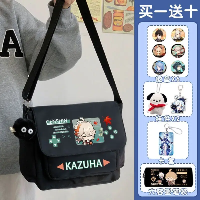 Genshin Impact Maplehara Manyo Zhongli Game Merchandise Single Shoulder Backpack Crossbody School Student Canvas Tote Bag Ani
