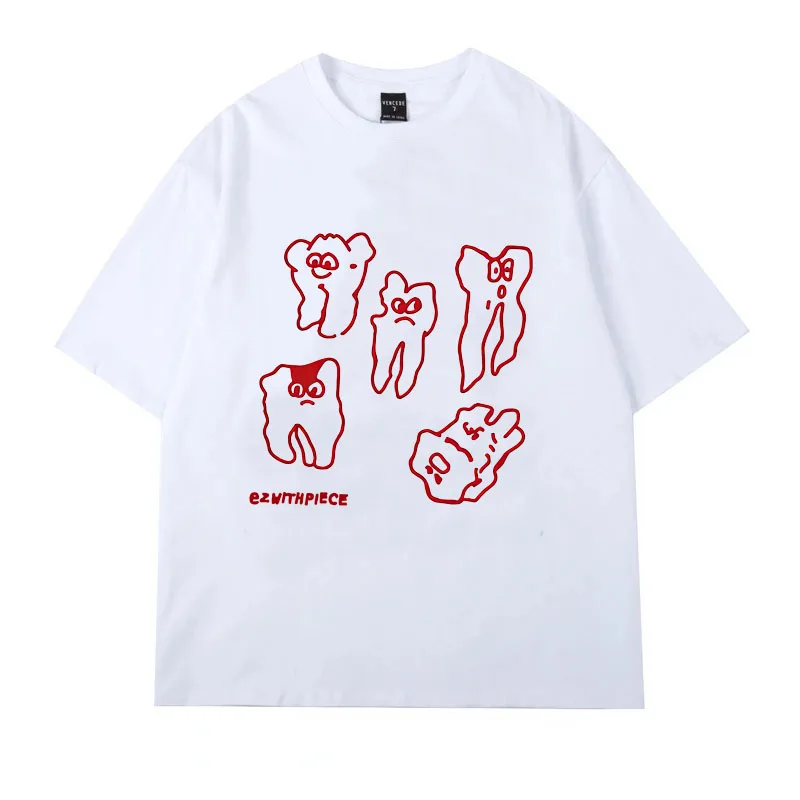 Women\'s Cute Teeth Pattern Short Sleeve T-Shirt Loose Harajuku Tops Summer Cotton T-Shir Korean Streetwear Casual