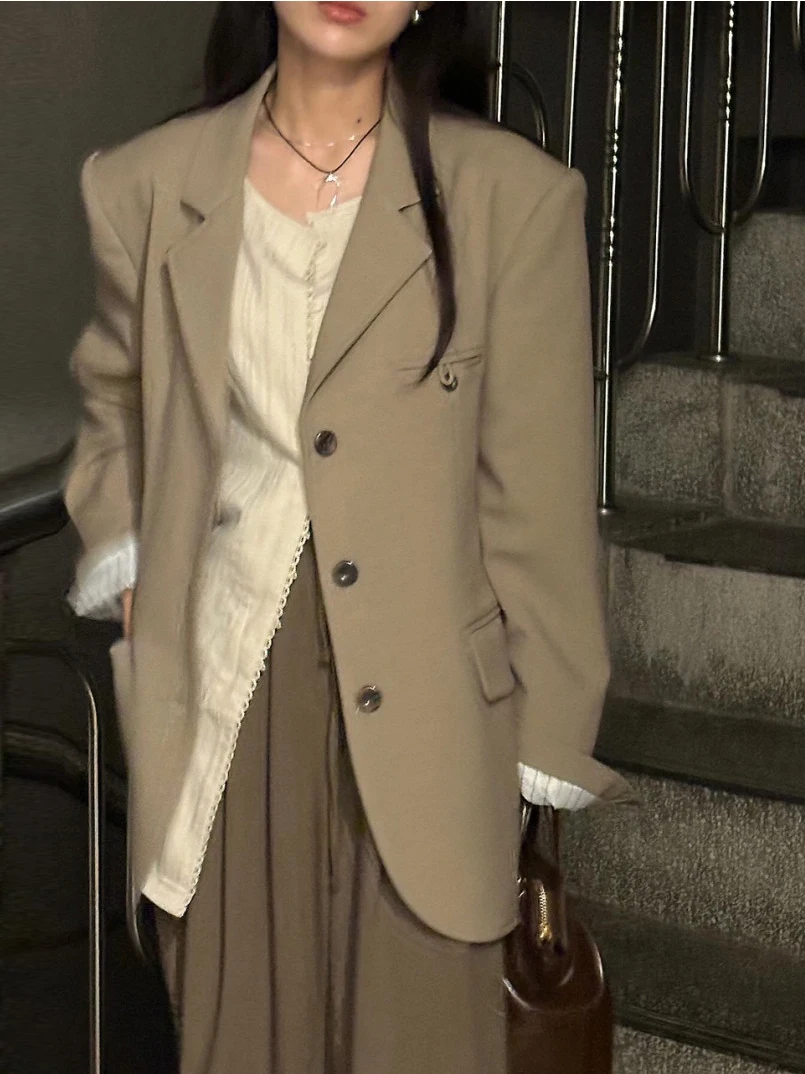 

Early Autumn Chic Loose Fit Women's Suit Jacket Korean Style Long Sleeve Horn Button Notch Lapel Single Button Fashionable