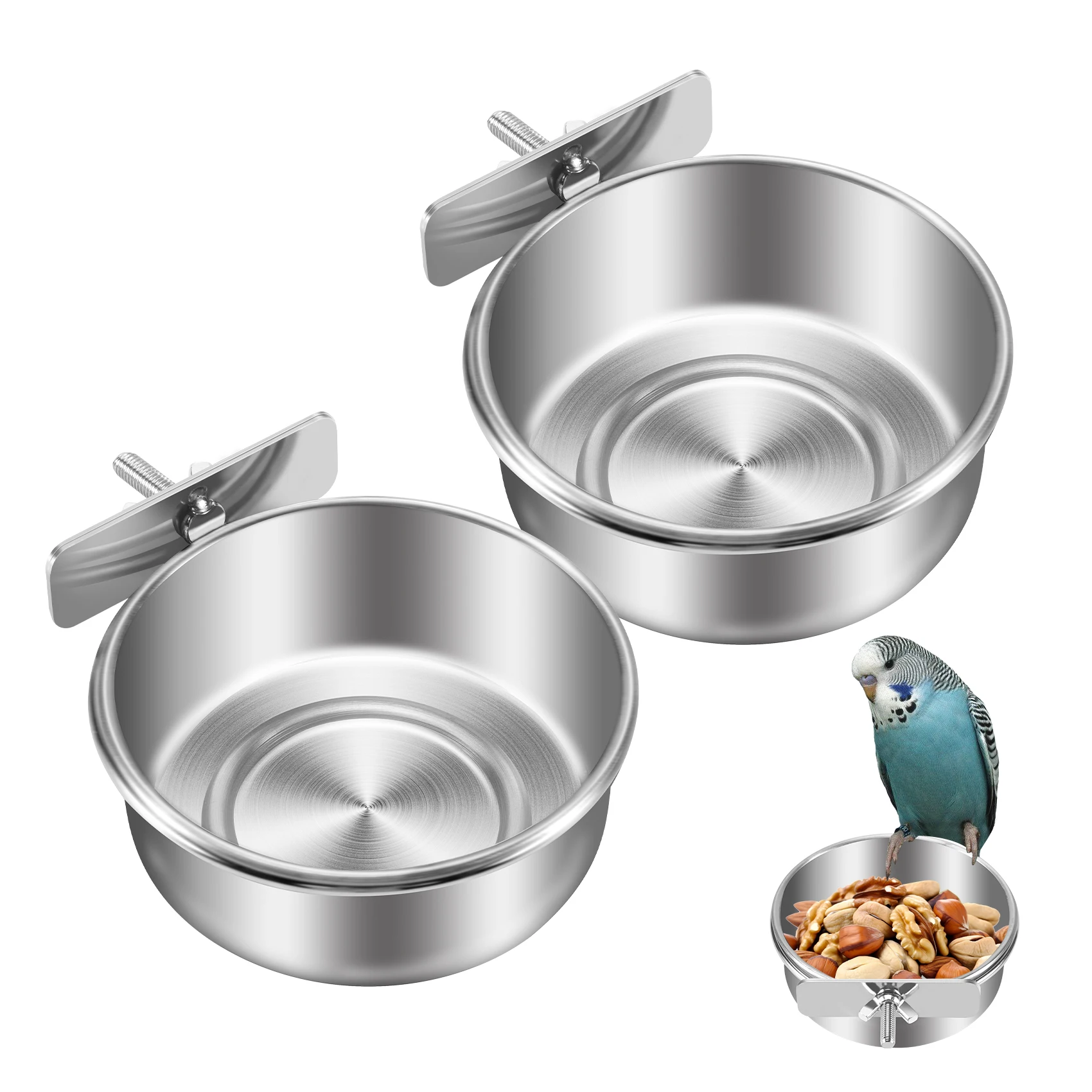 2 Pack Bird Cage Food Water Dispenser Parrot Food Dish Bird Feeder Cup For Cage, Stainless Steel Bird Food Holder Container For