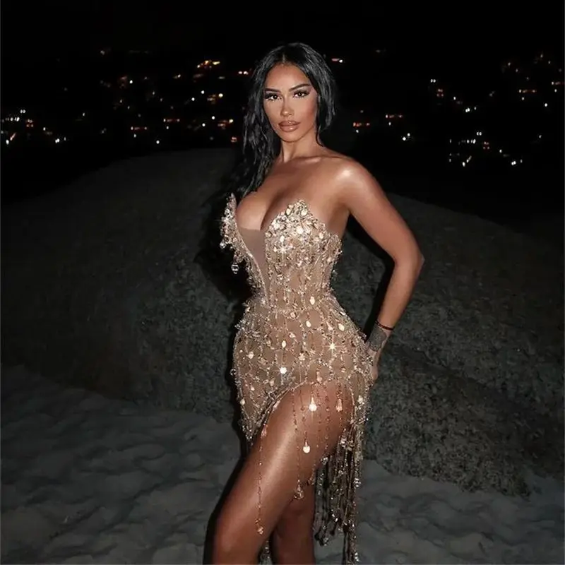 Golden Sequins Diamonds Tassel Sexy V-Neck Strapless Mini Evening Dress Woman Birthday Party Outfit Stage Performance Costume