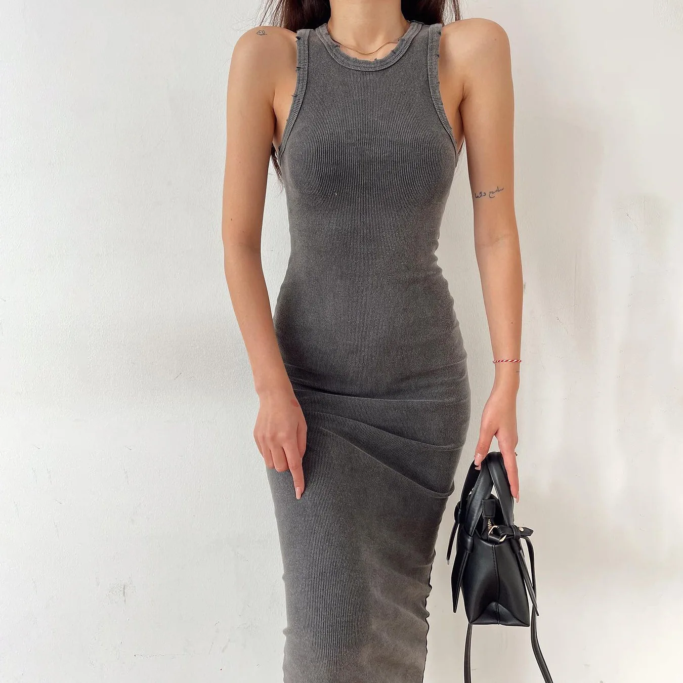 

Womens Dresses 2025 Summer Fashion Retro Round Neck Sleeveless Casual Solid Color Tight Fitting Daily Basic Tank Long Dress