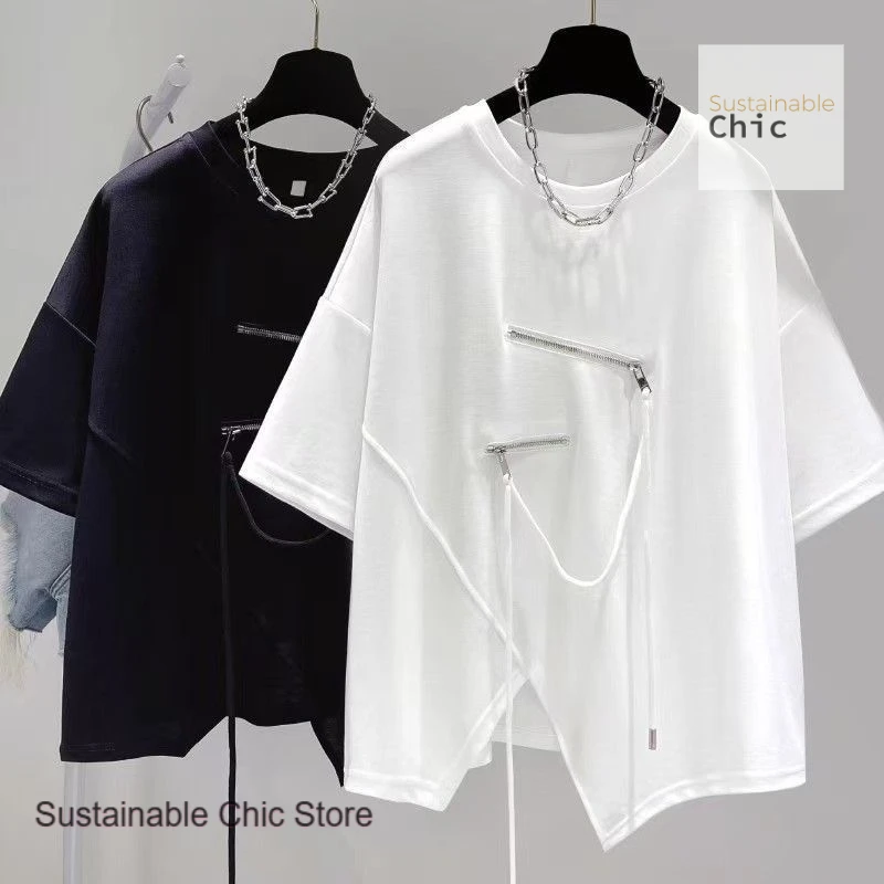 

American style irregular design zipper decorative split short sleeve T-shirt women's summer new personality Joker casual top.