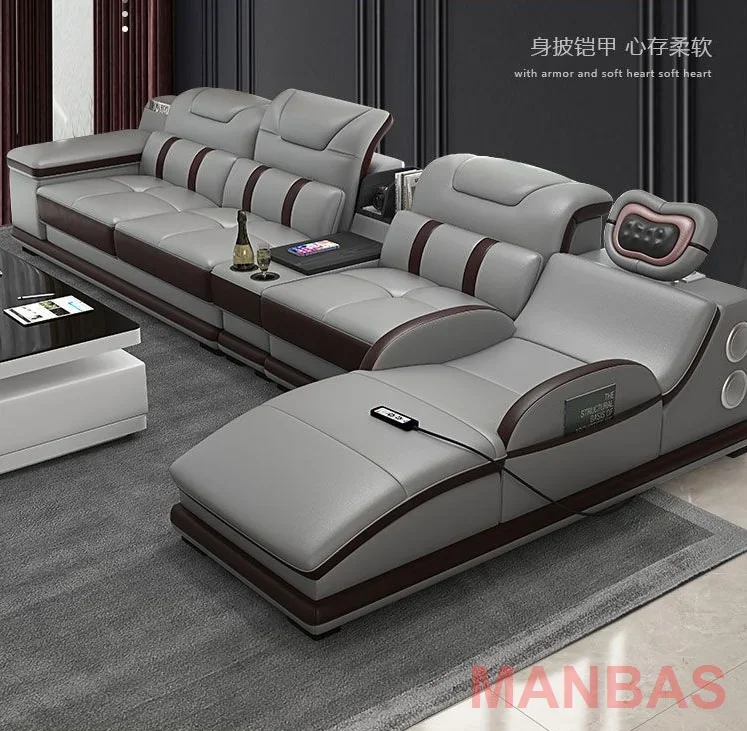 Linlamlim Italian Genuine Leather Sectional Sofa with Bluetooth, Speaker, Functional Headrest, Massage Chaise | Big Corner Couch