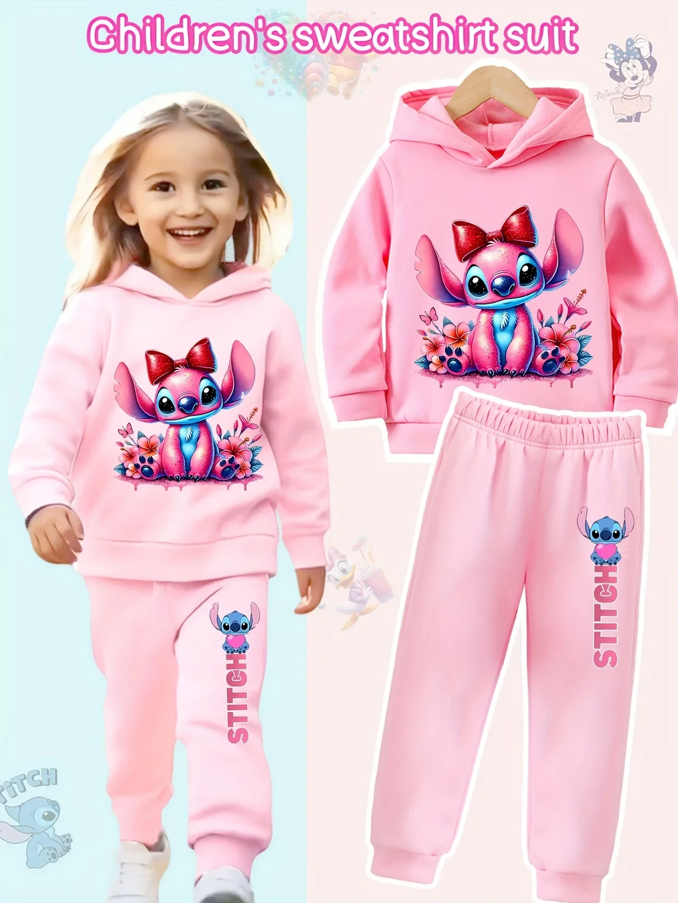 

Детский комплект свитшотов с принтом Disney Stitch, детская повседневная толстовка и штаны, осенне-зимний комплект, модный и теплый