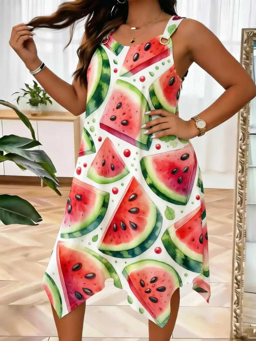 

Plus Size Watermelon Print Dress Women White Casual Sleeveless Loose Midi Dress Irregular Hem Summer Beach Tank Dress