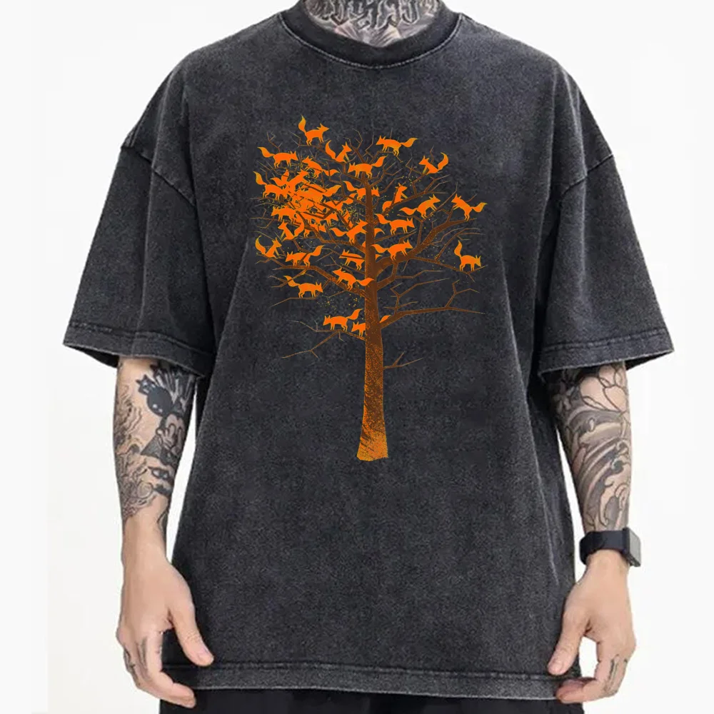 Tree Of Fox vintage T Shirt Graphic Short Sleeve Funky Crew Neck Pure Cotton Tops Tees Washed Tee-Shirt Gift Idea Mother Day