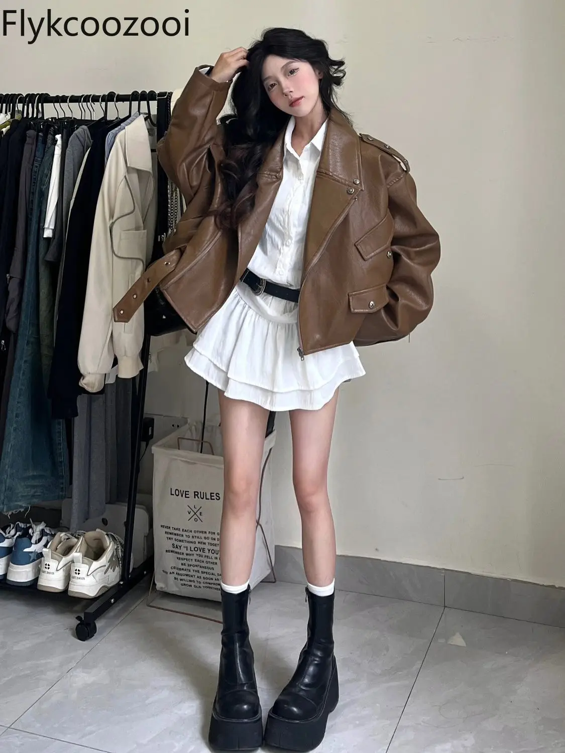 American Coffee Color Locomotive Leather Coat Woman 2024 Spring New Loose Temperament Jacket Top Winter Clothes Women