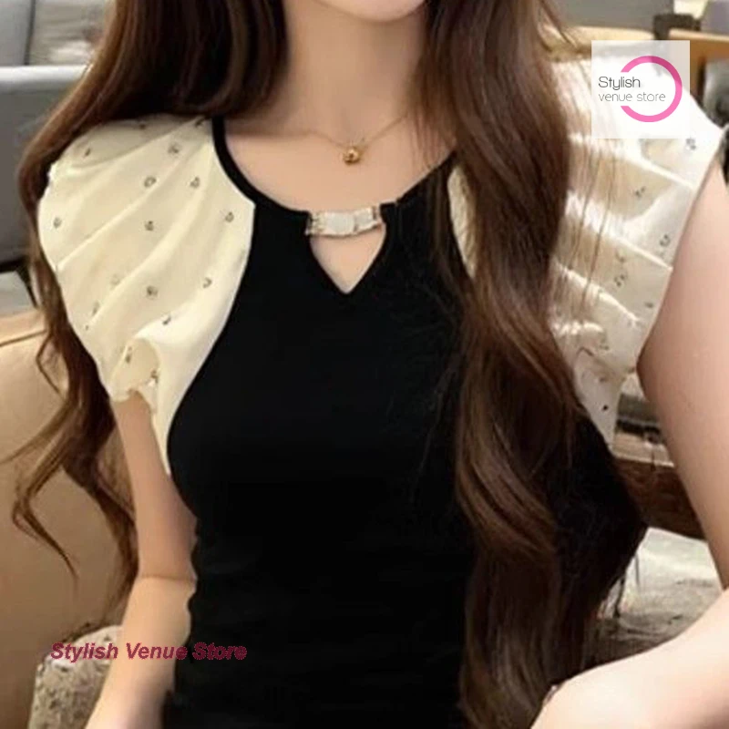 

Summer new fashion irregular short-sleeved T-shirt women's French fashion design sense beaded slim western-style blouse.