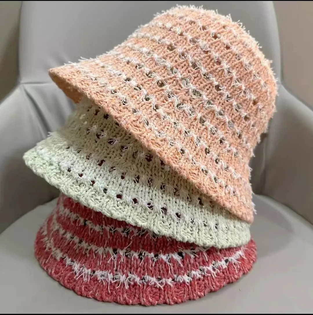 

Korean Style Mesh Hole Spring And Summer Linen Fisherman Hat Striped All-match Bucket Hat Basin Hat With Small Face