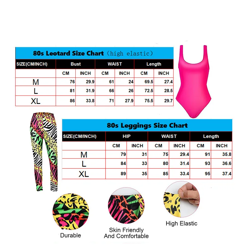 7 Pieces 1980s Theme Party Costume Kit Outdoor Fitness Tank Top Leggings Set for Halloween Dance Party Stage Show Dress Up