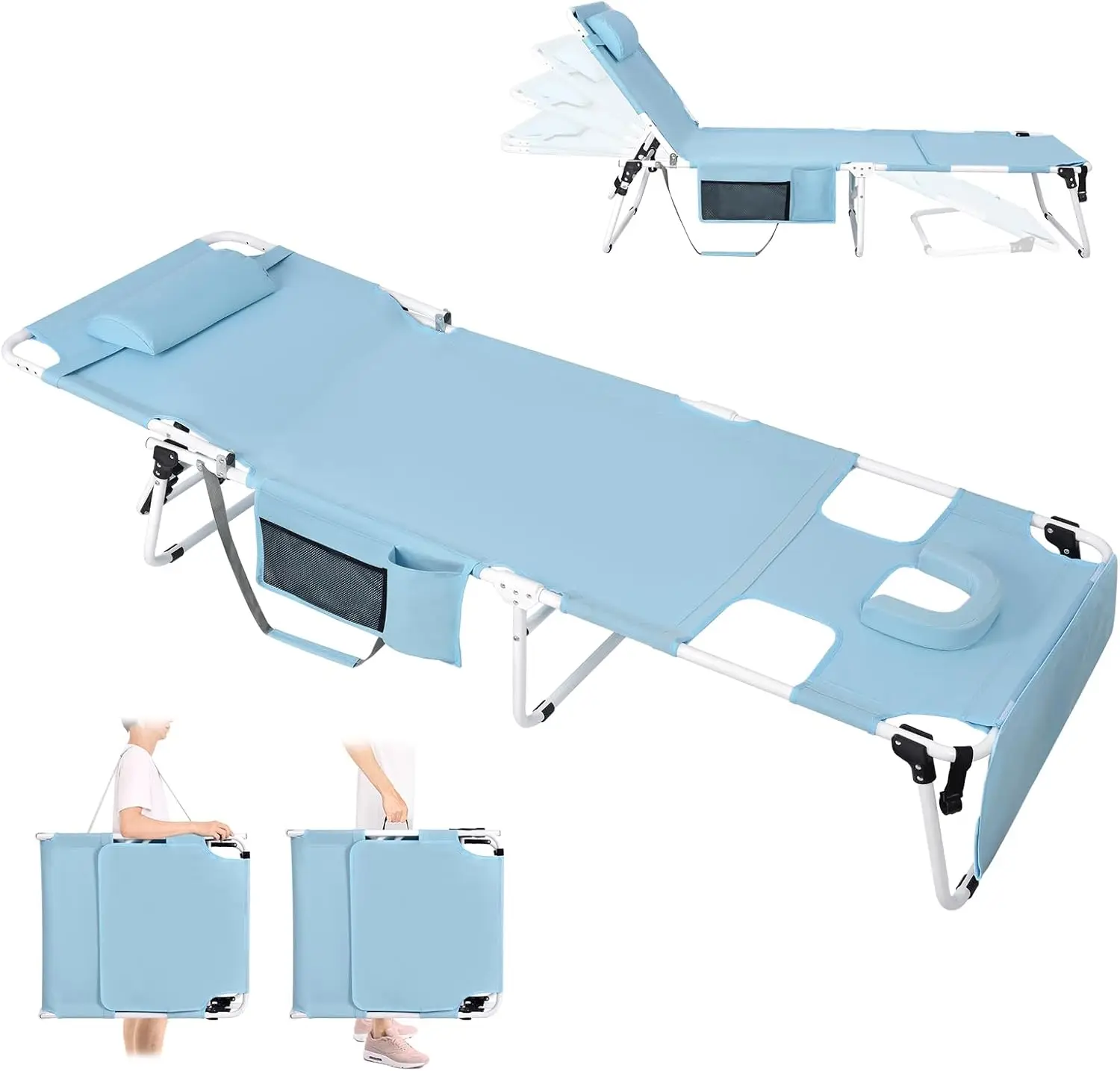 

Folding Tanning Chair with Face Hole, Heavy Duty Outdoor Lounge for Beach Poolside Patio Sunbathing Camping, Supports 300 LBS