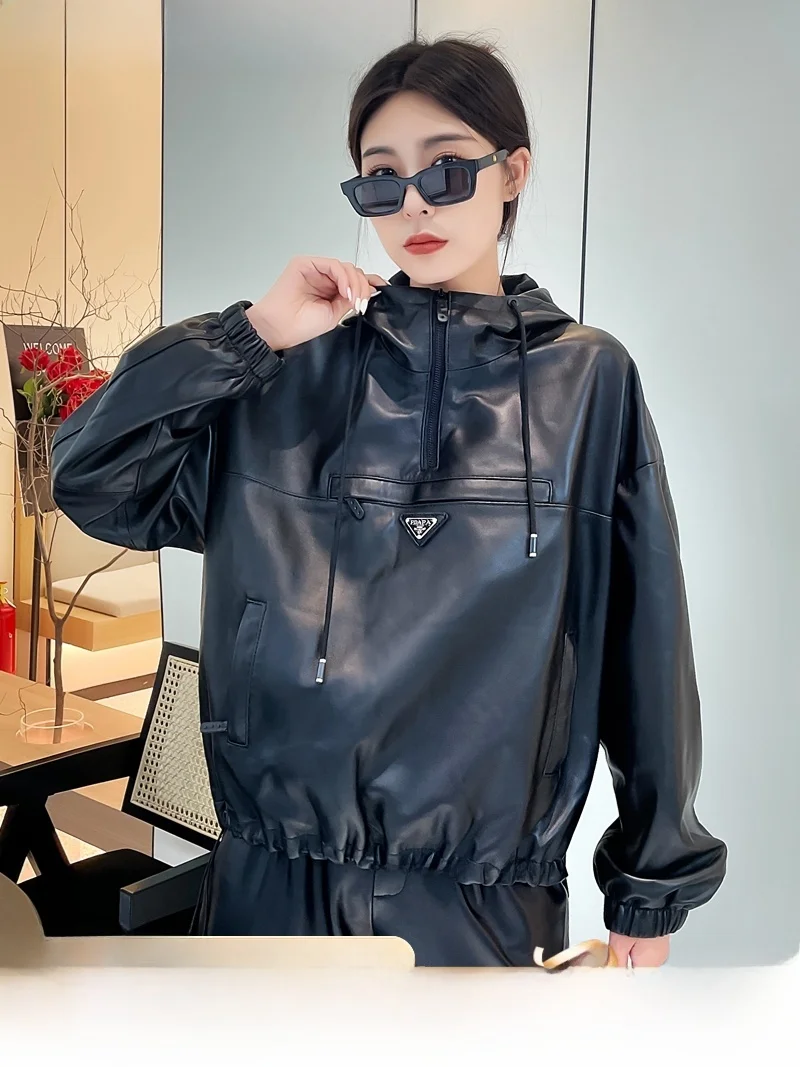 Abrigo informal de piel de oveja auténtica para mujer, abrigo con capucha Dstring ort, adelgazante, holgado, para ir al trabajo, novedad de 2024